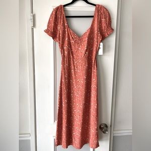 Billabong, small, puff sleeve, pinkish orange floral midi dress